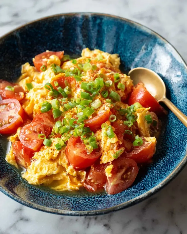 Delicious scrambled eggs mixed with fresh tomatoes on a plate.