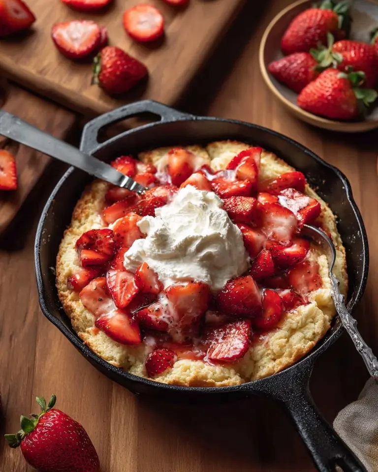 Delicious Skillet Strawberry Shortcake topped with fresh strawberries and whipped cream