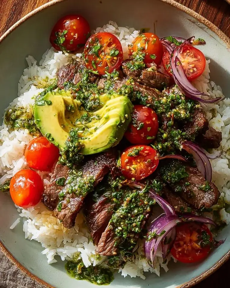Skirt steak rice bowl with chimichurri sauce garnished with fresh herbs