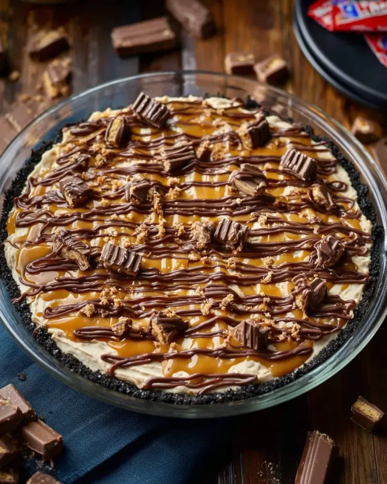 Delicious homemade Snickers Pie topped with chocolate and caramel