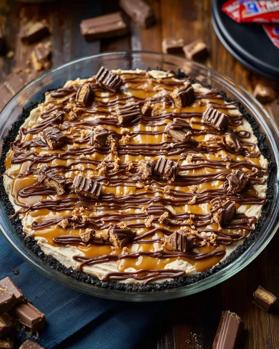 Delicious homemade Snickers Pie topped with chocolate and caramel
