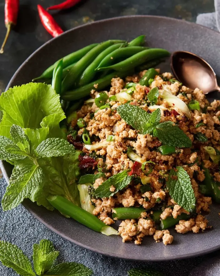Bowl of spicy Thai chicken salad with fresh vegetables and dressing