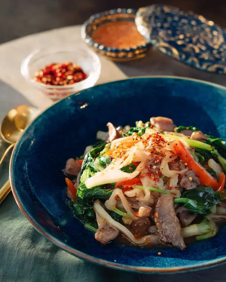 Stir-fried fresh rice noodles with flavorful pork gravy served in a bowl