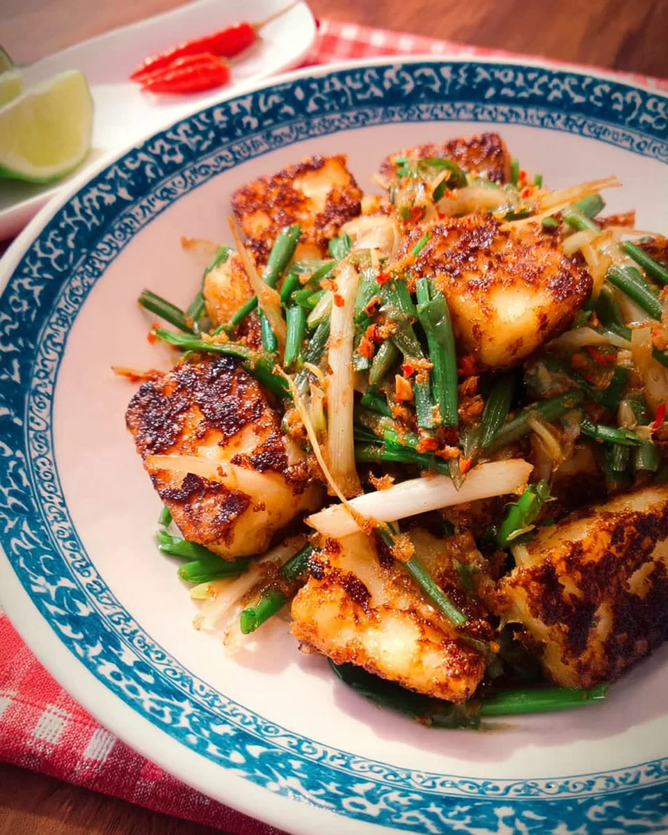 Stir Fried Turnip Cake Thai Style served on a plate with herbs and spices