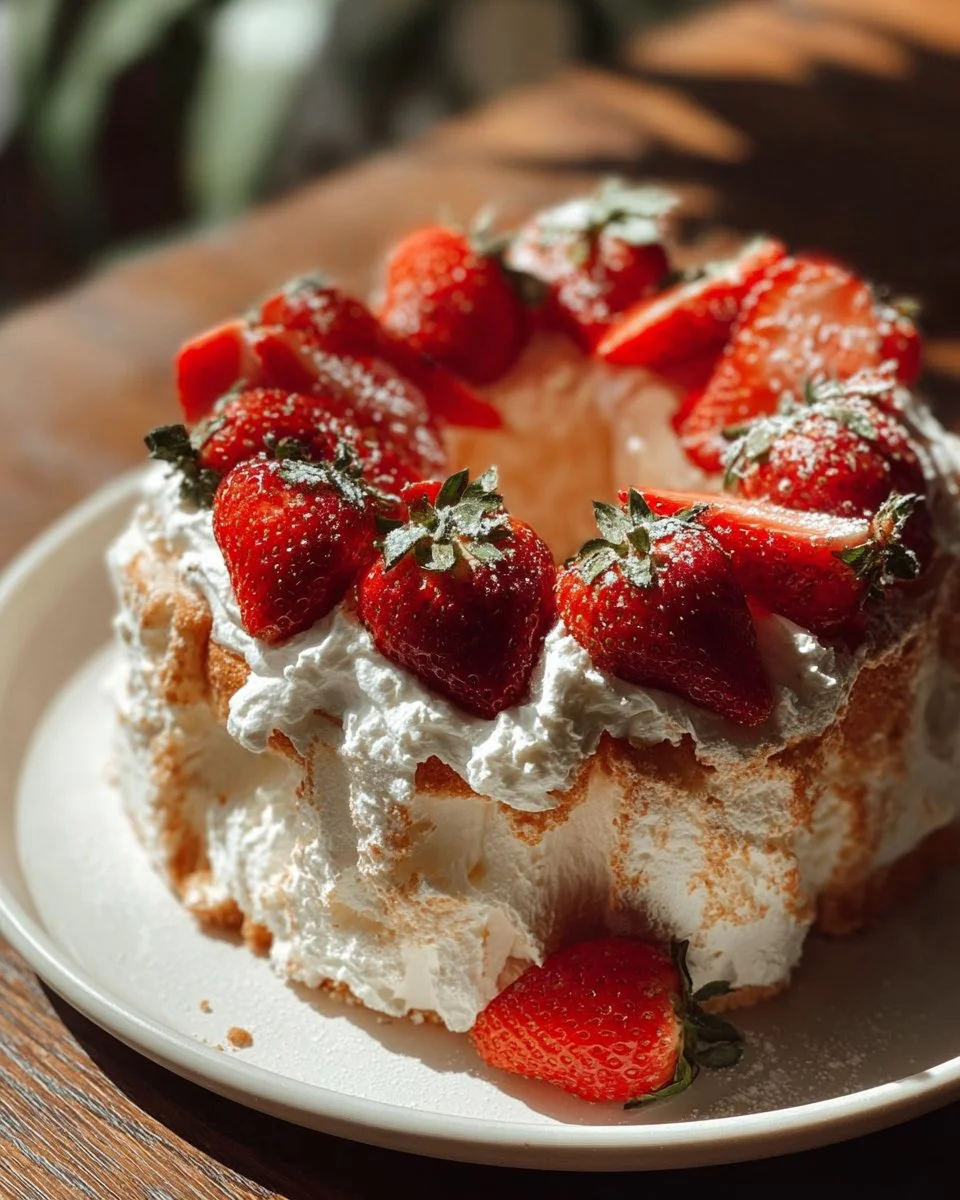 Delicious Strawberry Angel Food Cake topped with fresh strawberries and whipped cream