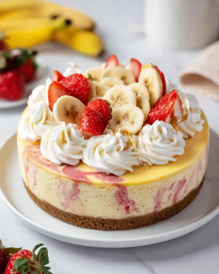 Slice of strawberry banana cheesecake topped with fresh strawberries and bananas