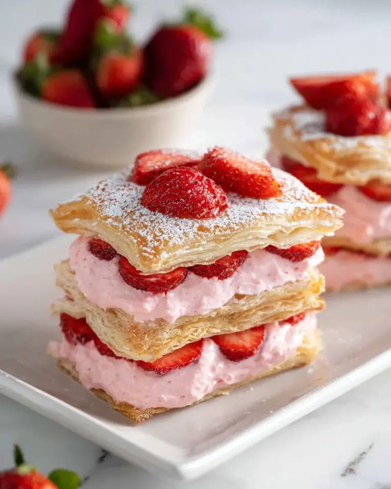 Delicious Strawberry Cheesecake Napoleon with creamy layers and fresh strawberries.