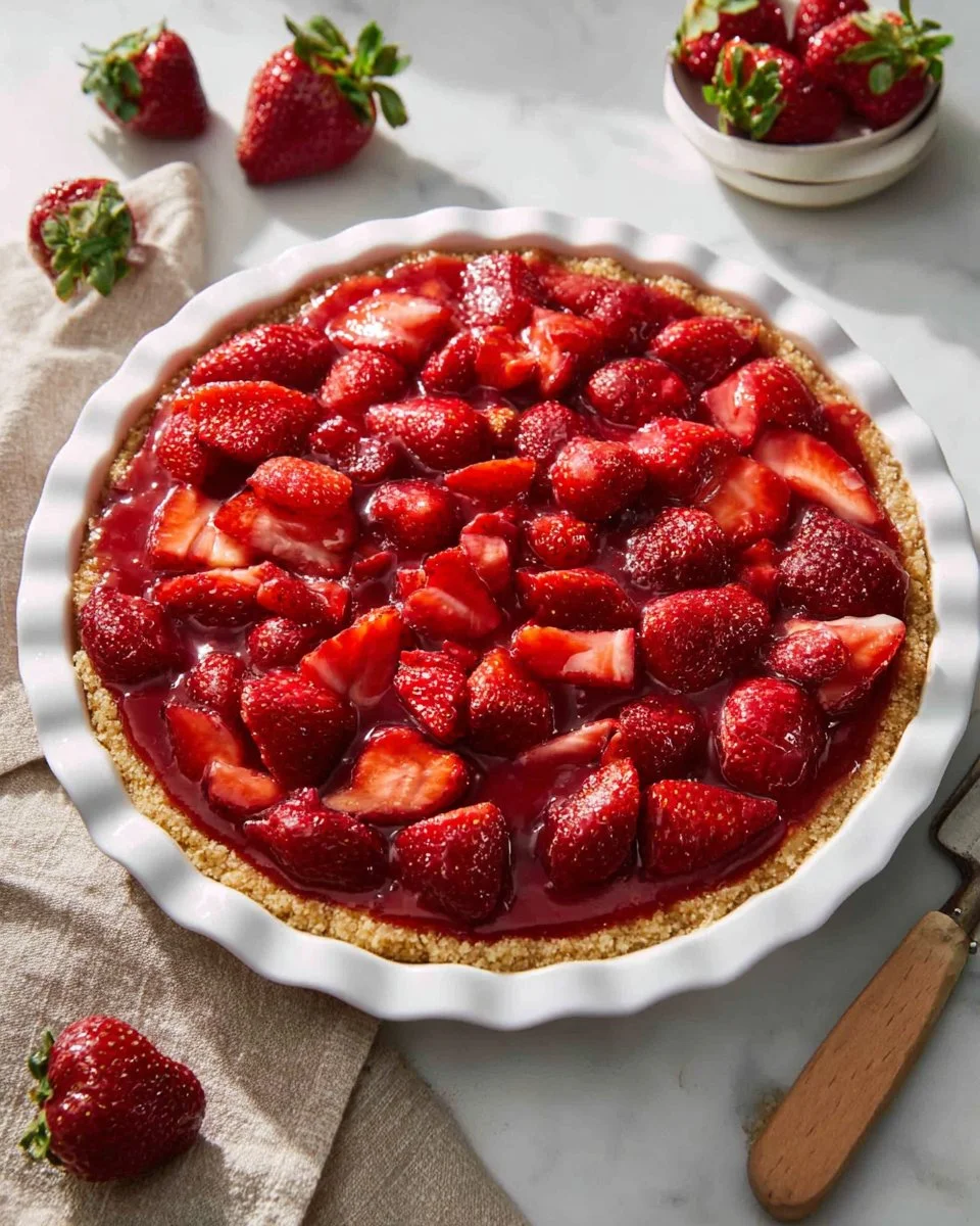 Delicious Strawberry Cream Cheese Pie topped with fresh strawberries and whipped cream.