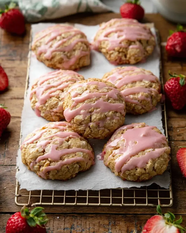 Freshly baked strawberry iced oatmeal cookies on a plate