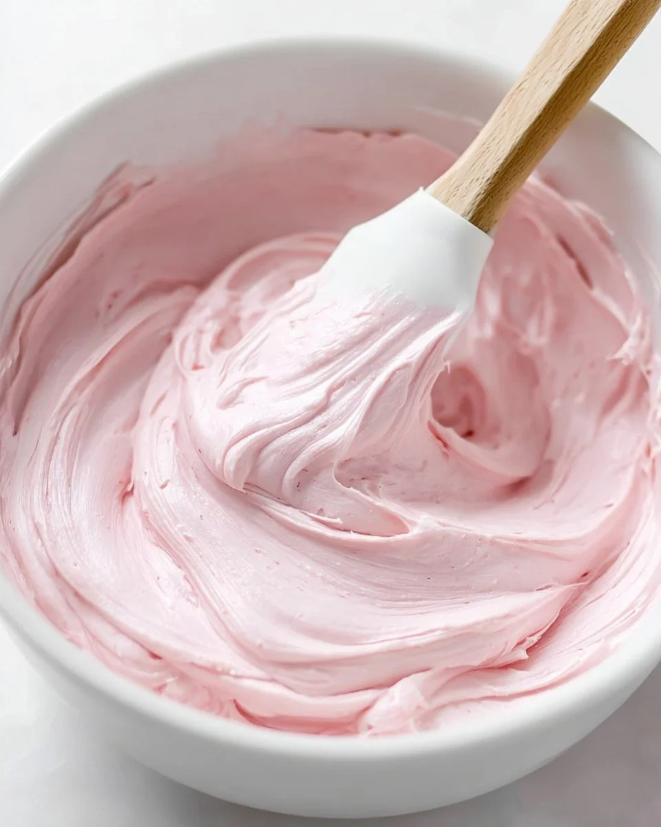 Delicious strawberry marshmallow frosting on a cake, showcasing a vibrant pink color.