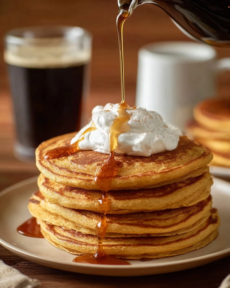 Delicious sweet potato pancakes stacked with syrup and garnished with berries