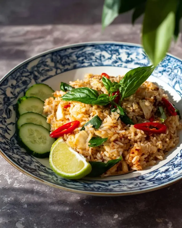 Delicious Thai Basil Chicken Fried Rice with fresh basil leaves and colorful veggies