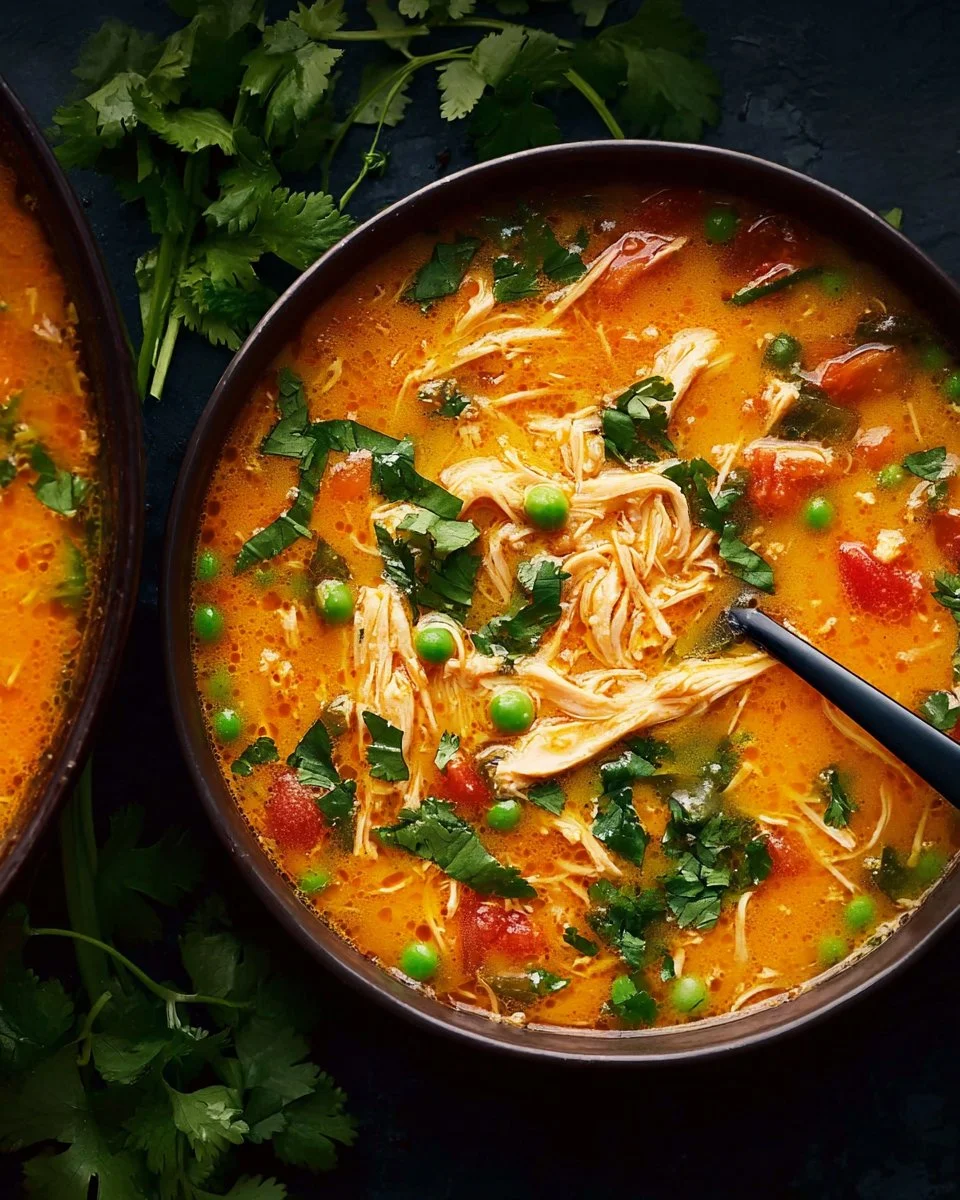 Bowl of Thai Chicken Curry Soup garnished with herbs and spices