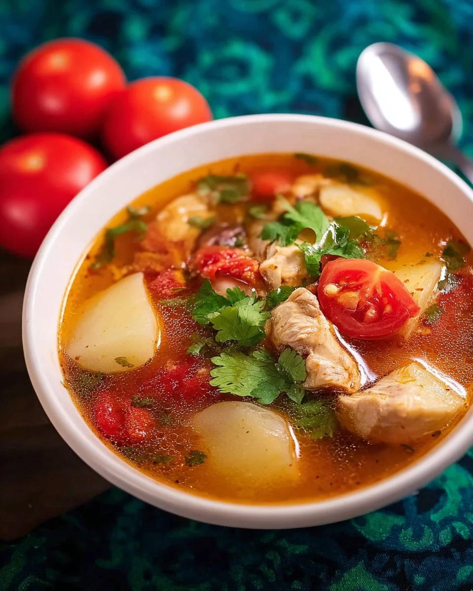 Delicious Thai Chicken Potato Soup garnished with herbs and spices.