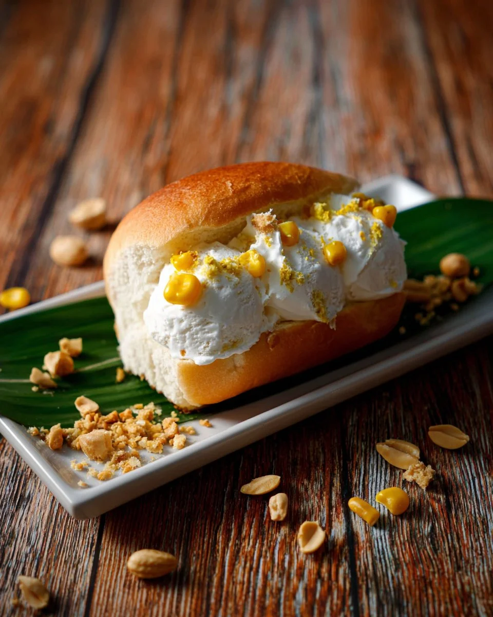 Delicious Thai coconut ice cream sundae topped with nuts and fruits