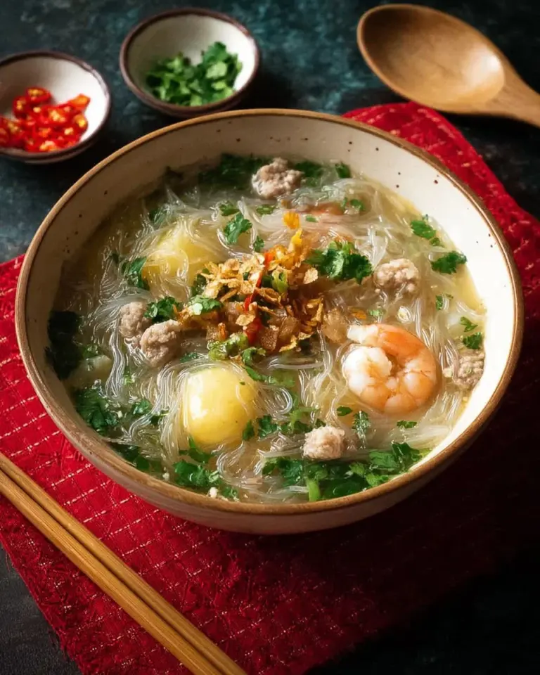 Bowl of Thai Glass Noodle Soup with fresh herbs and proteins
