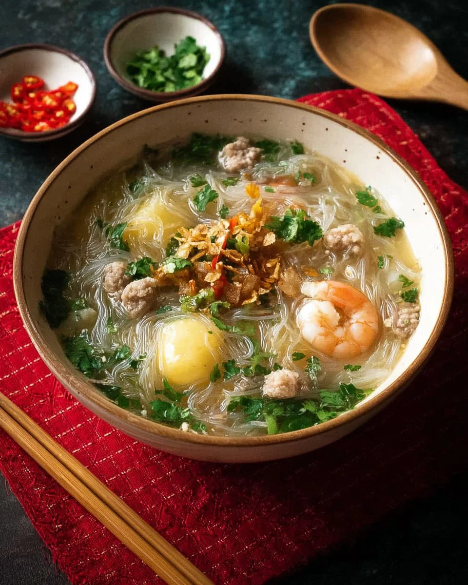 Bowl of Thai Glass Noodle Soup with fresh herbs and proteins