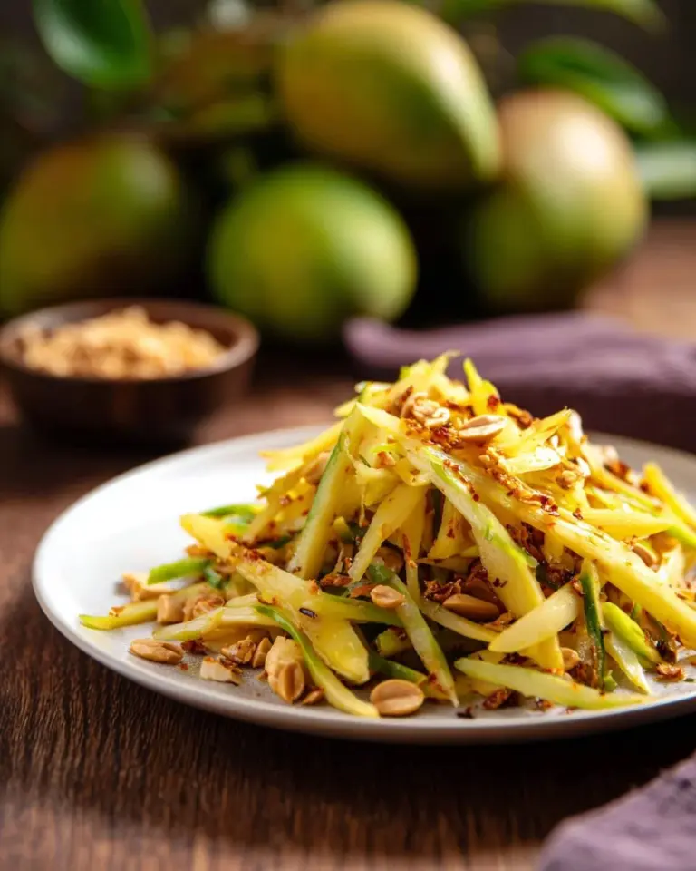 Delicious Thai Green Mango Salad topped with fresh herbs and zesty dressing