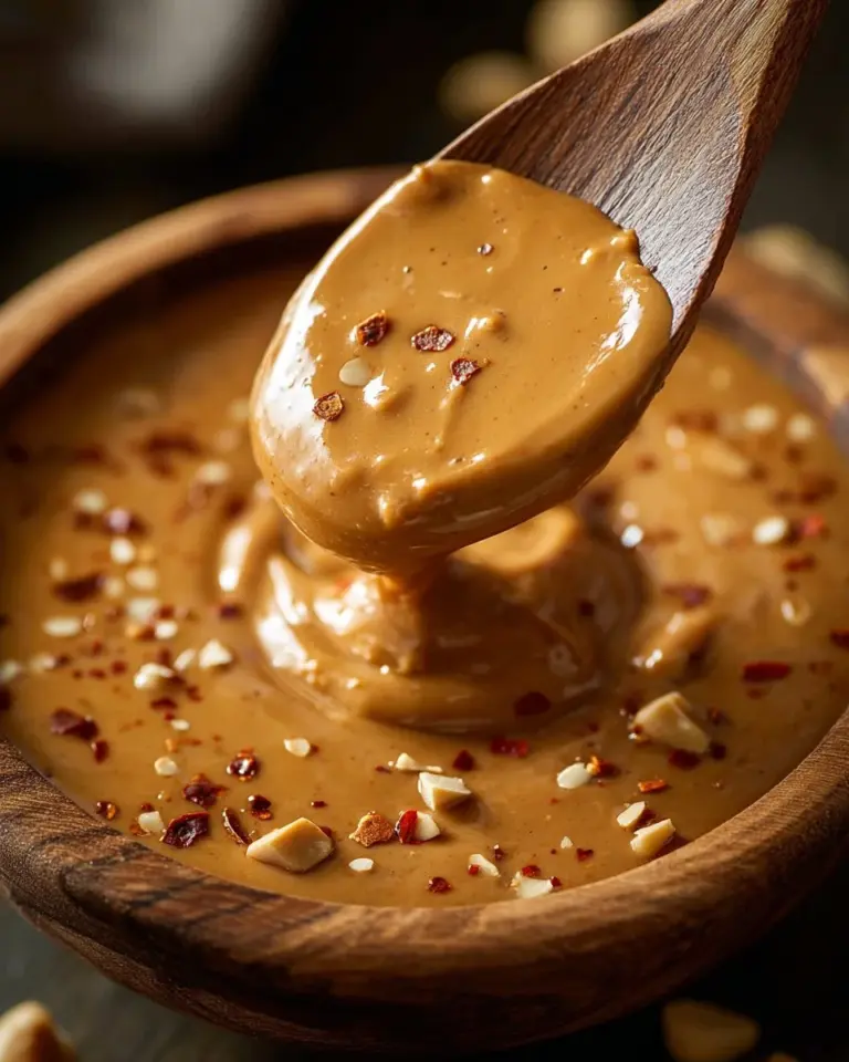 Bowl of homemade Thai Peanut Sauce with fresh ingredients served with vegetables