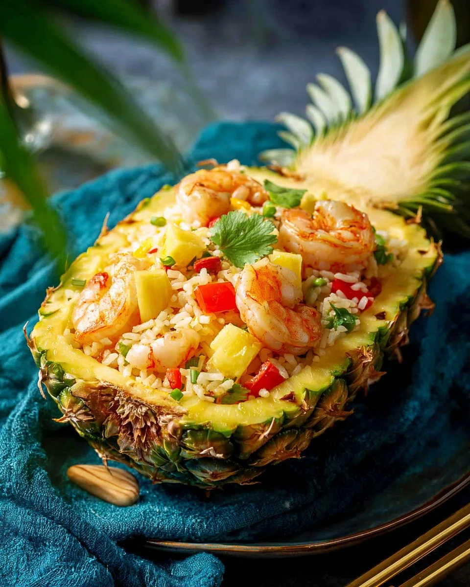Plate of Thai Pineapple Fried Rice with fresh ingredients and vibrant colors.