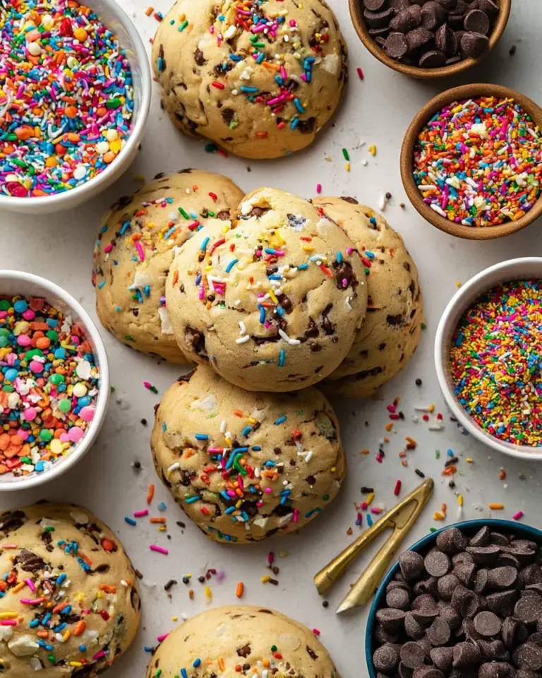 Thick and chewy sprinkles cookies topped with colorful sprinkles on a baking tray.