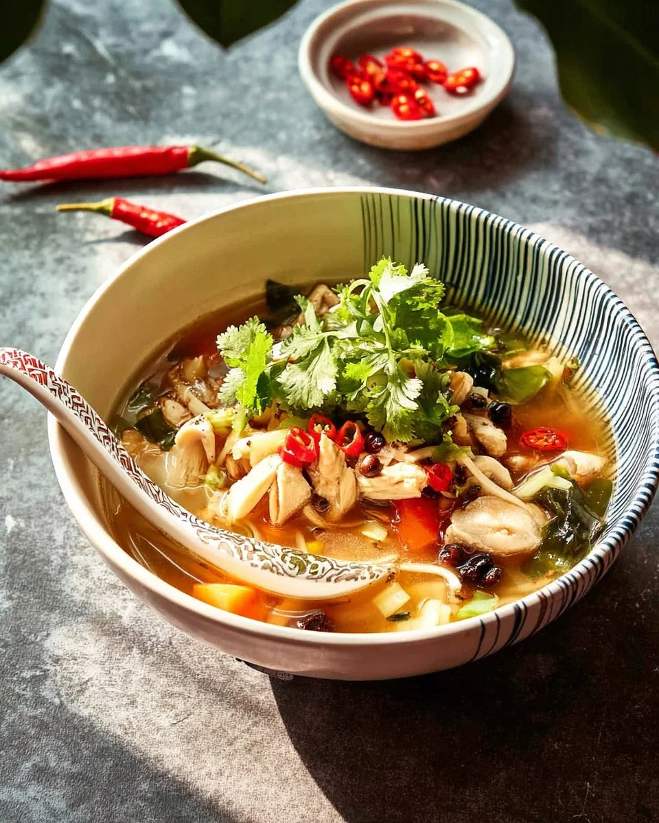 Bowl of Tom Yum Soup featuring flavorful Chicken Wings and fresh herbs.