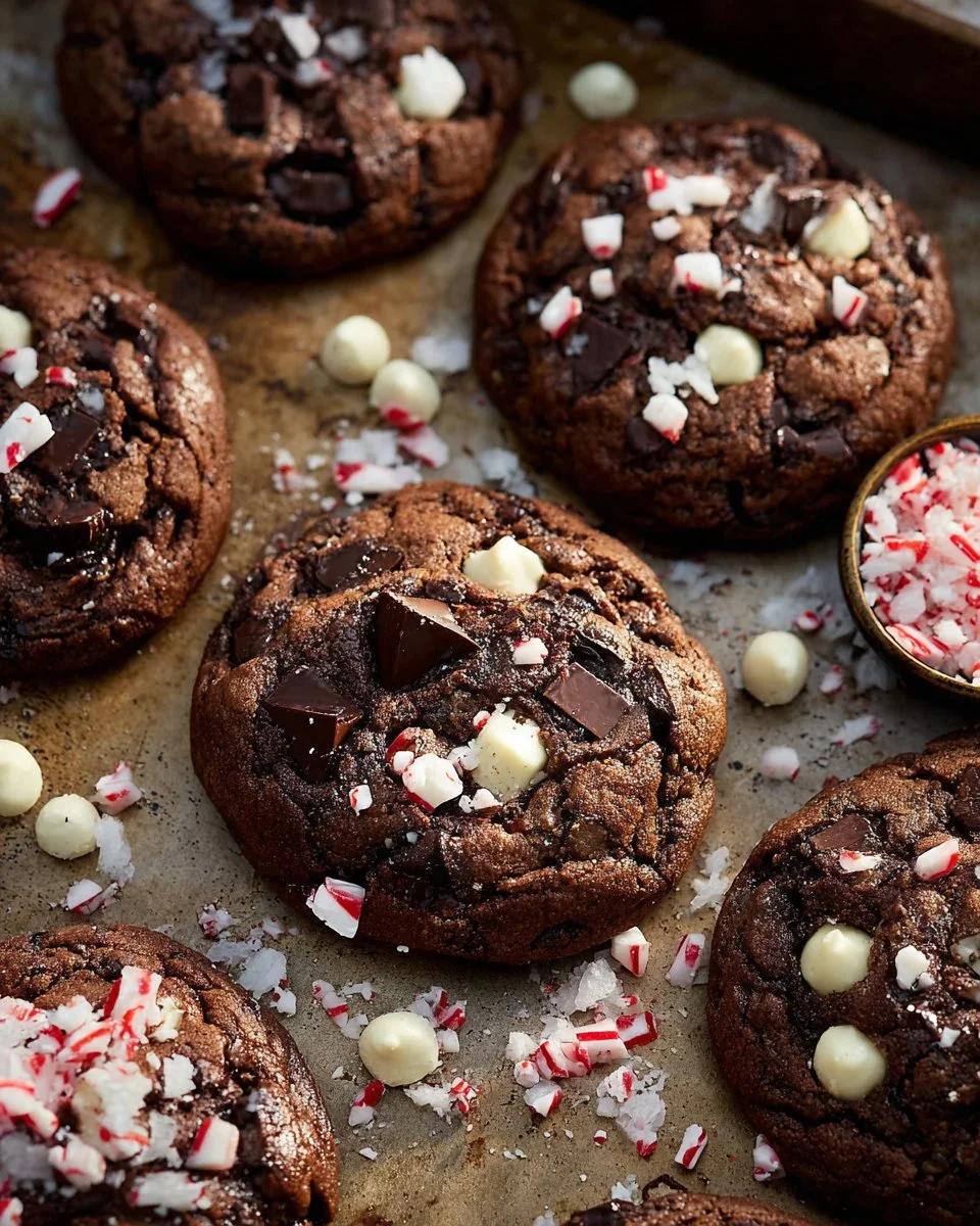 Delicious triple chocolate peppermint cookies on a festive plate