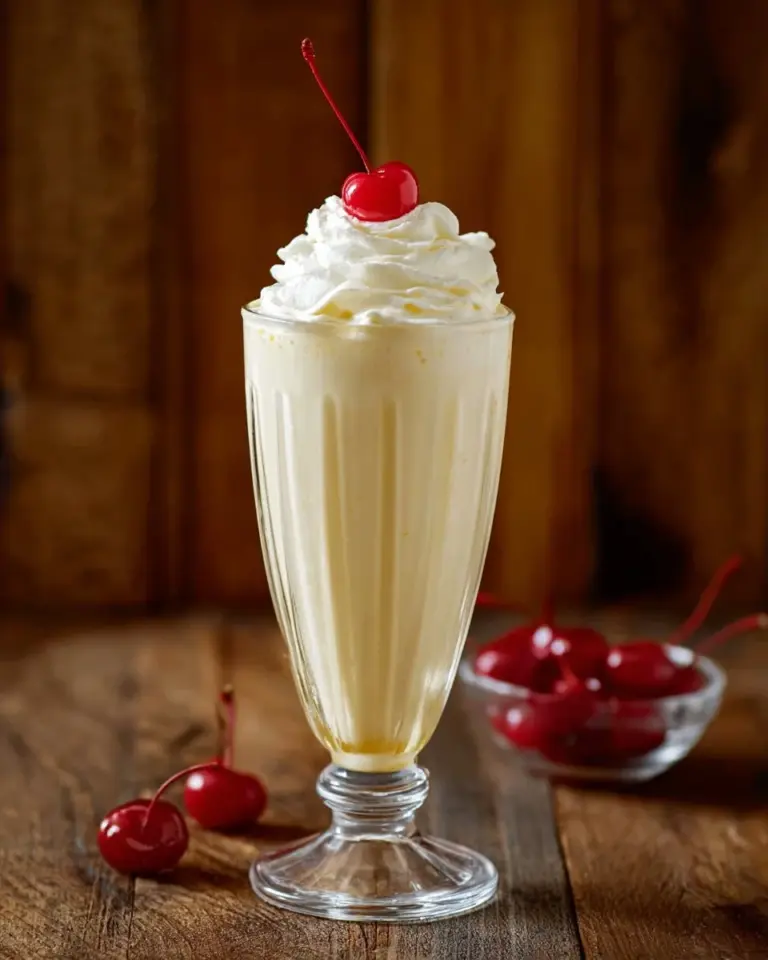 Delicious homemade Vanilla Milkshake with whipped cream and a cherry on top
