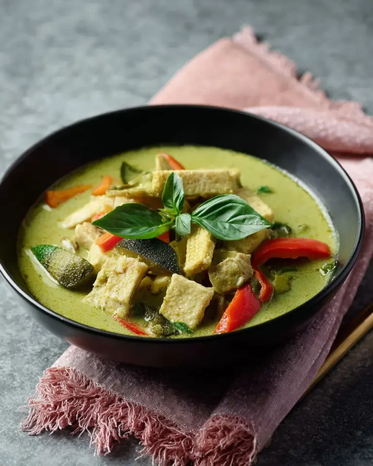Delicious vegan Thai green curry served in a bowl with fresh vegetables