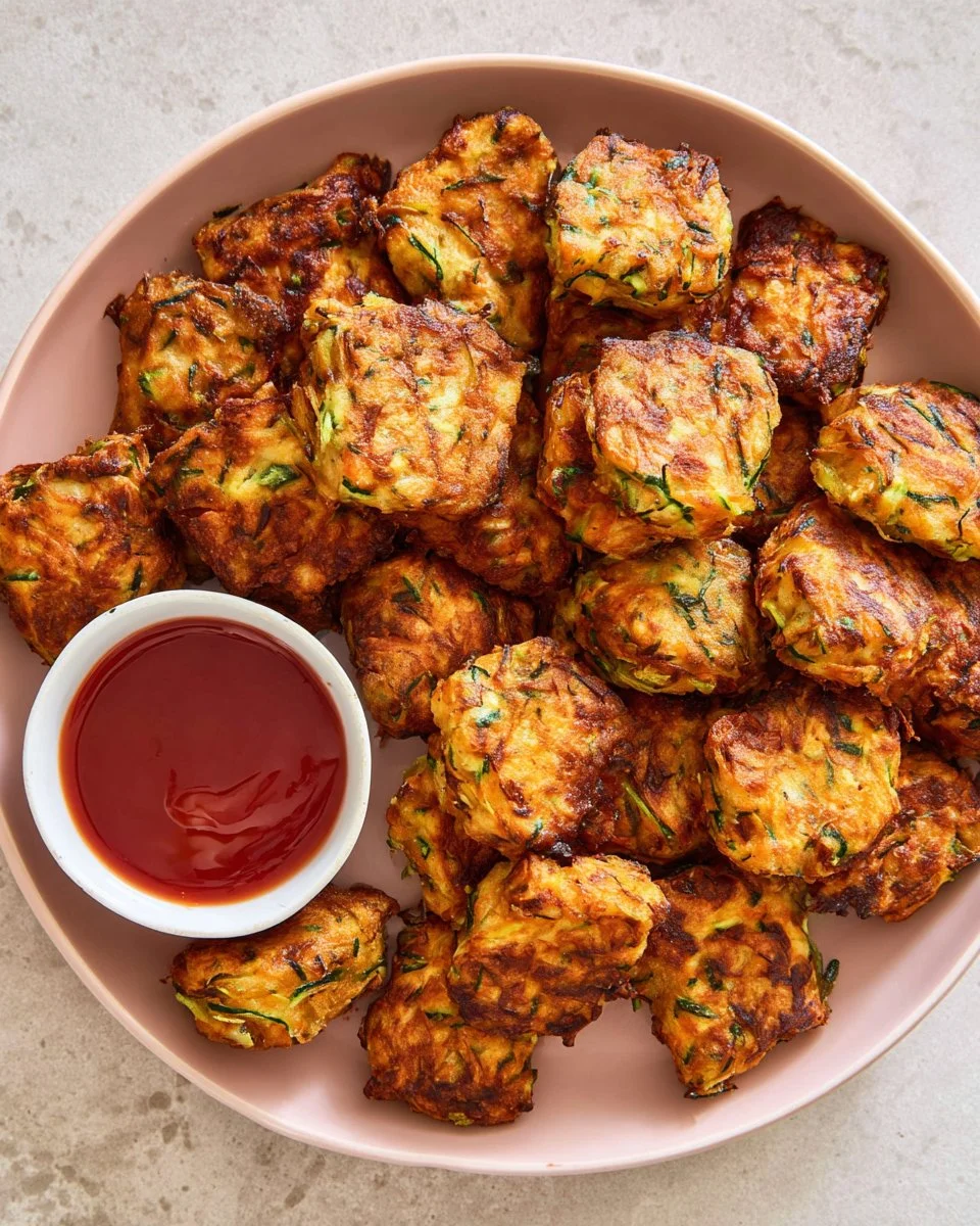 Golden Veggie Ricotta Fritters served on a plate with fresh herbs