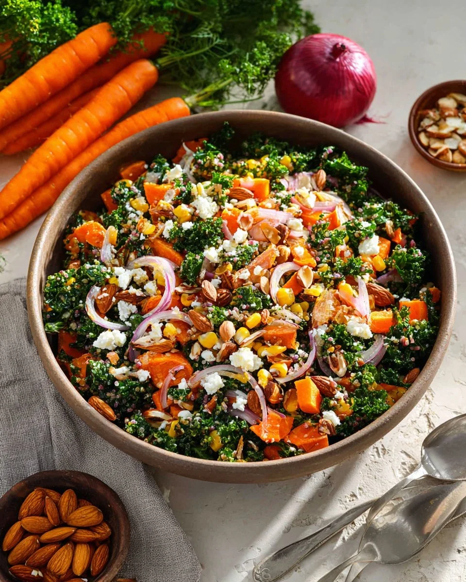 Warm kale and lentil salad served in a bowl with fresh ingredients