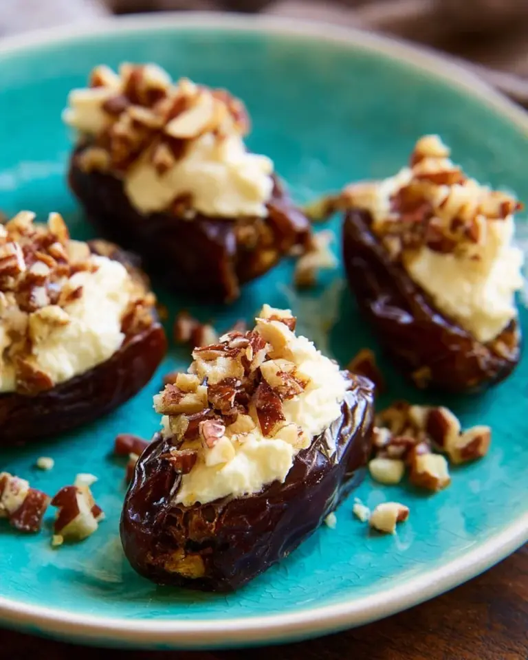 Whipped feta stuffed dates served on a platter as a delectable appetizer