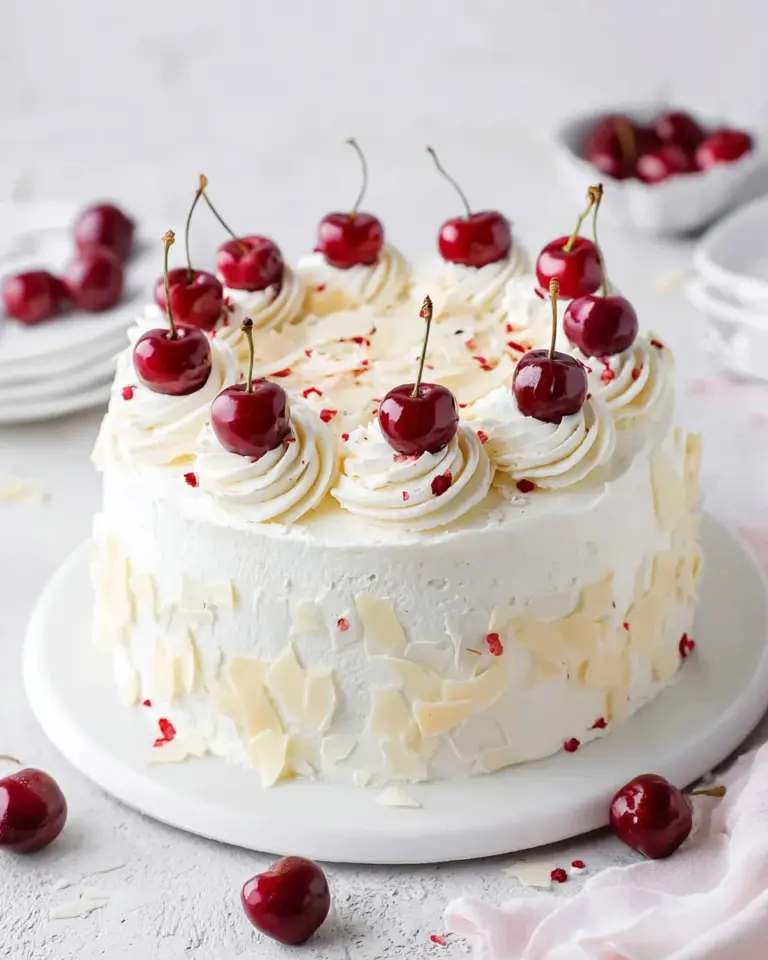 Slice of White Forest Cake with whipped cream and cherries on top