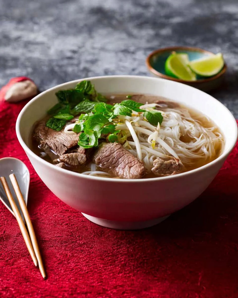 A bowl of Aunty's signature beef pho garnished with herbs and lime