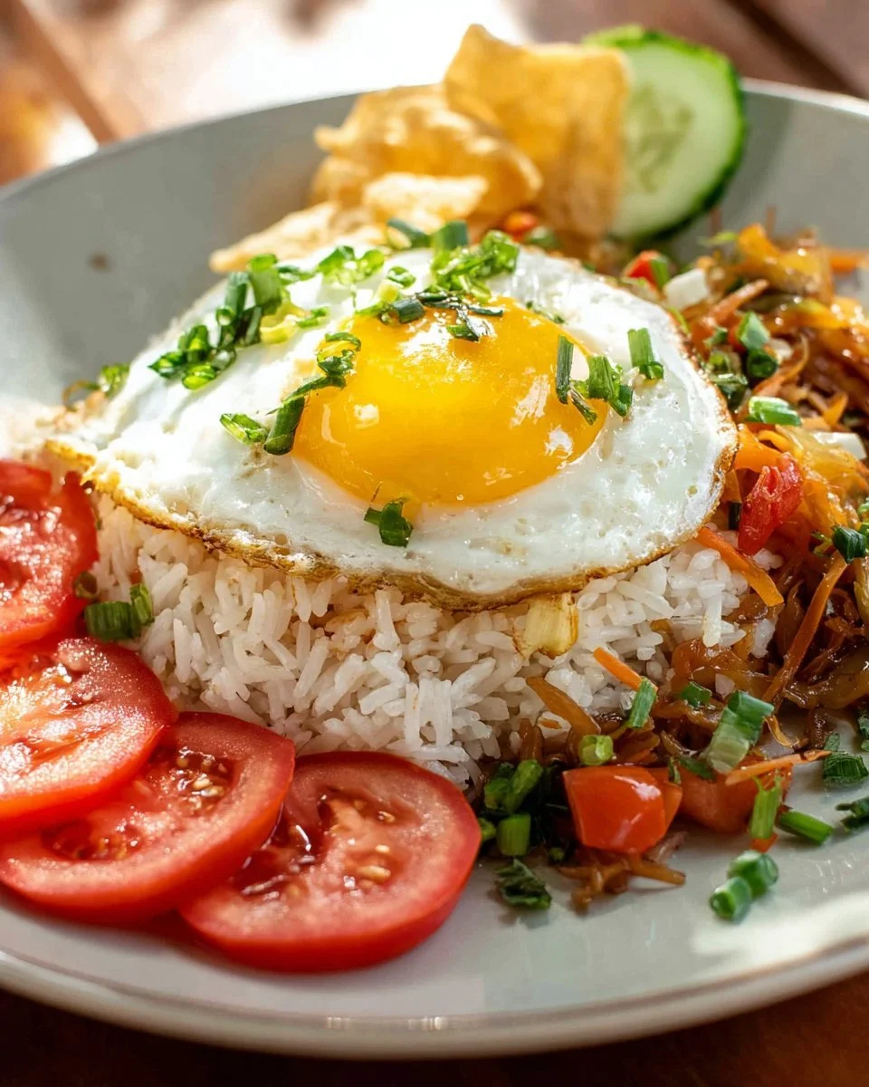 Plate of authentic Indonesian fried rice garnished with vegetables and spices