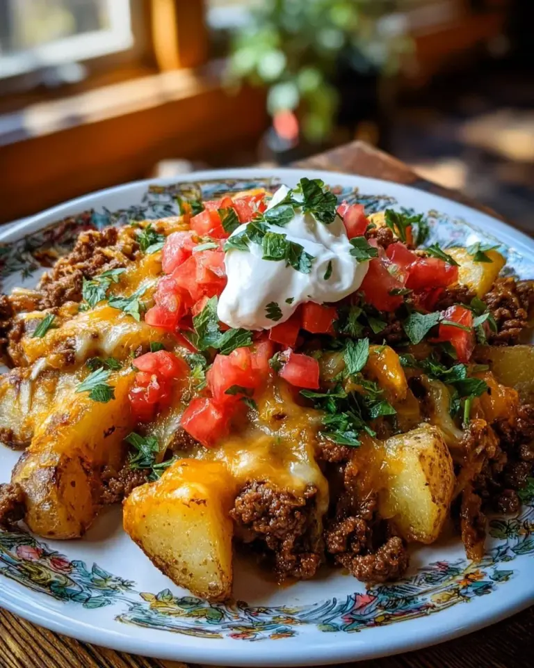 Cheesy Taco Potatoes Bake topped with ground beef and cheese