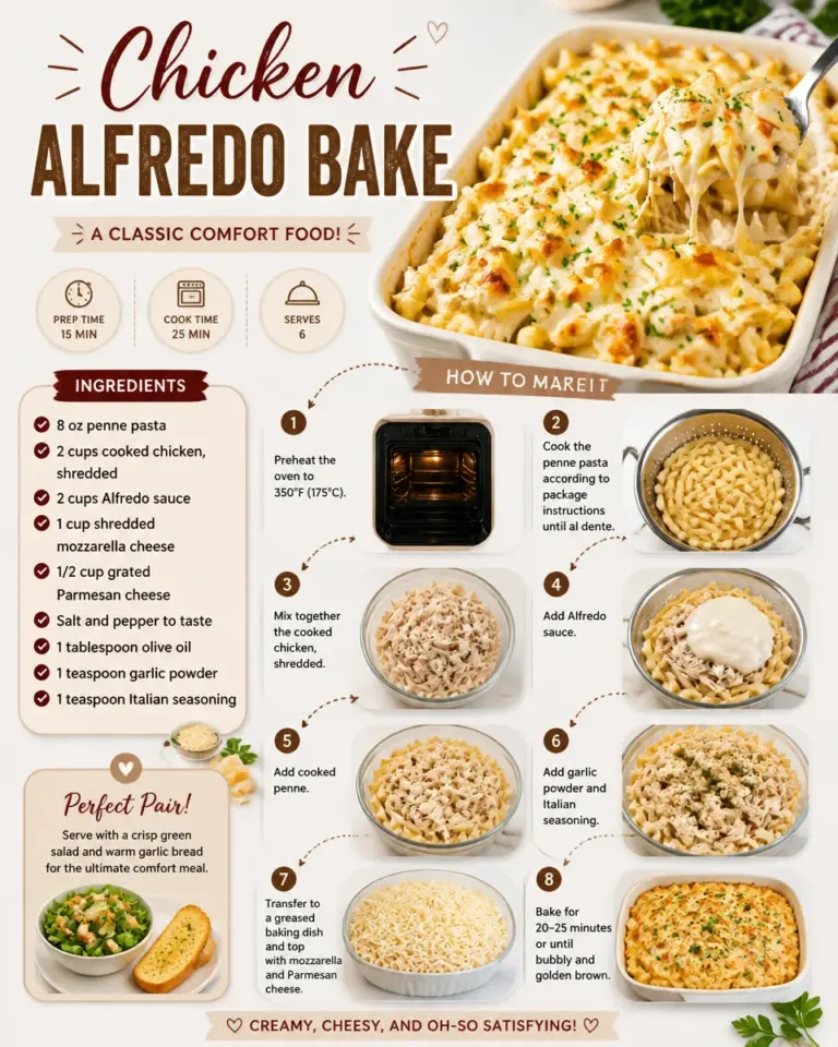 Creamy Chicken Alfredo Bake served in a casserole dish