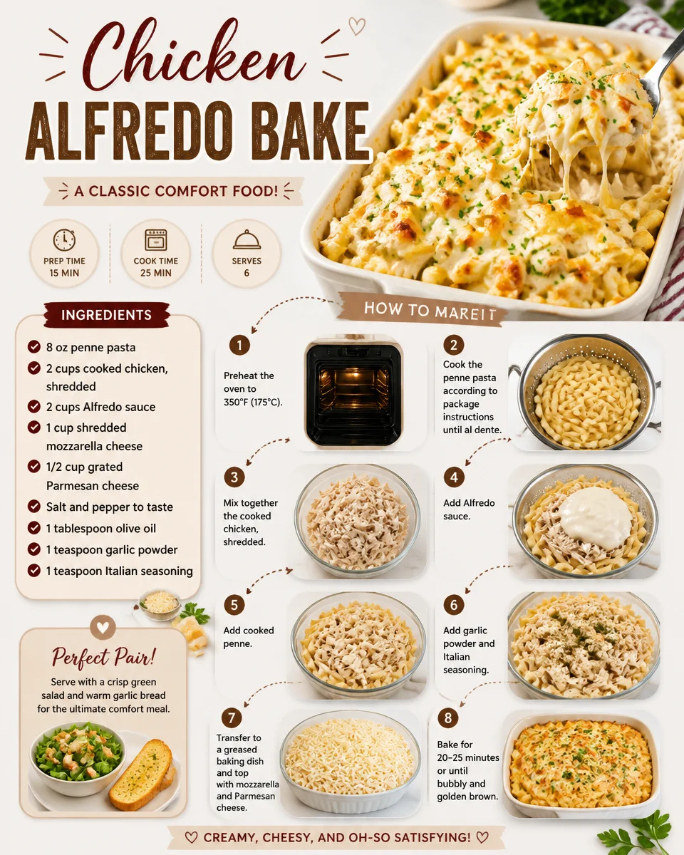 Creamy Chicken Alfredo Bake served in a casserole dish