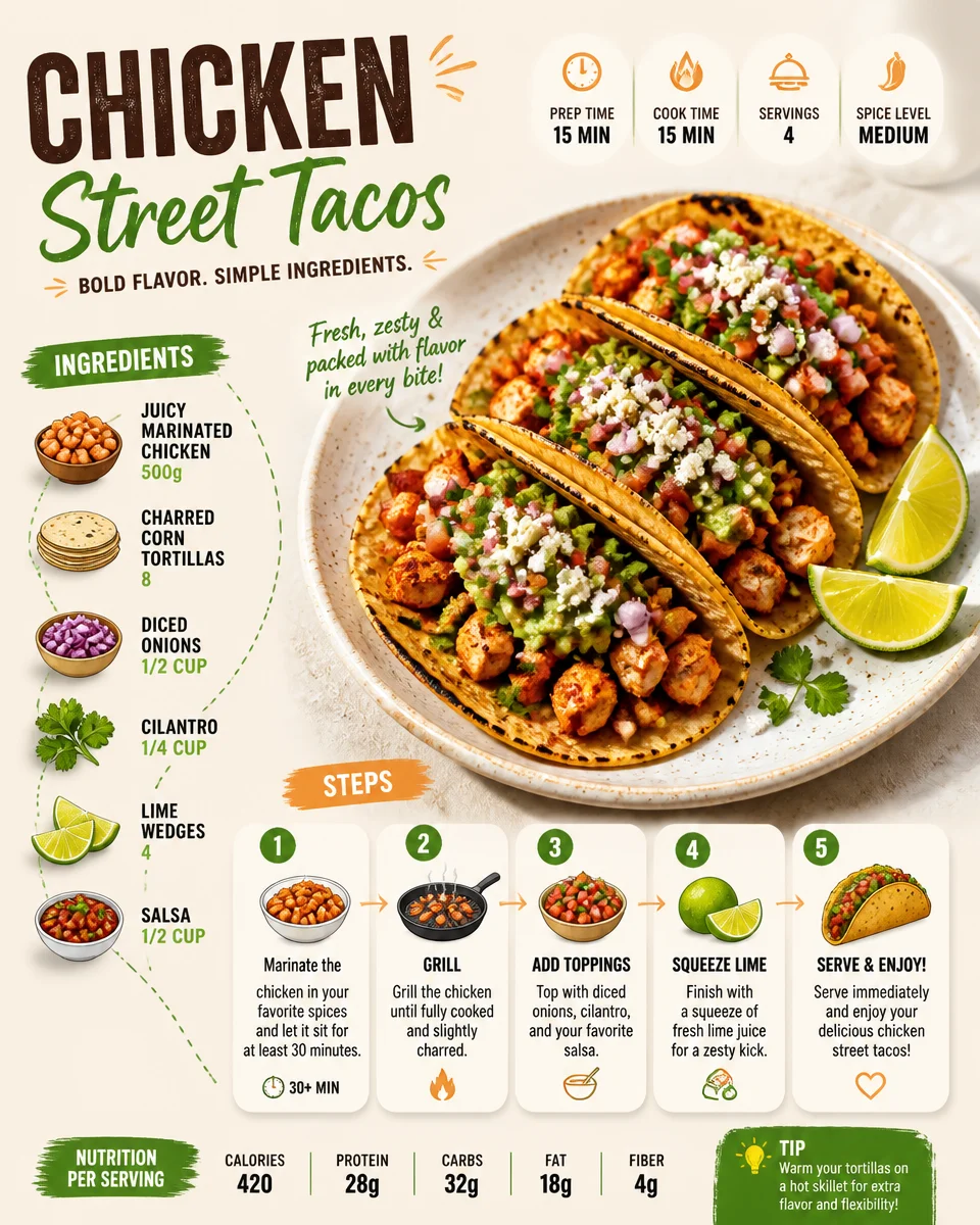 Delicious Chicken Street Tacos topped with fresh cilantro and lime