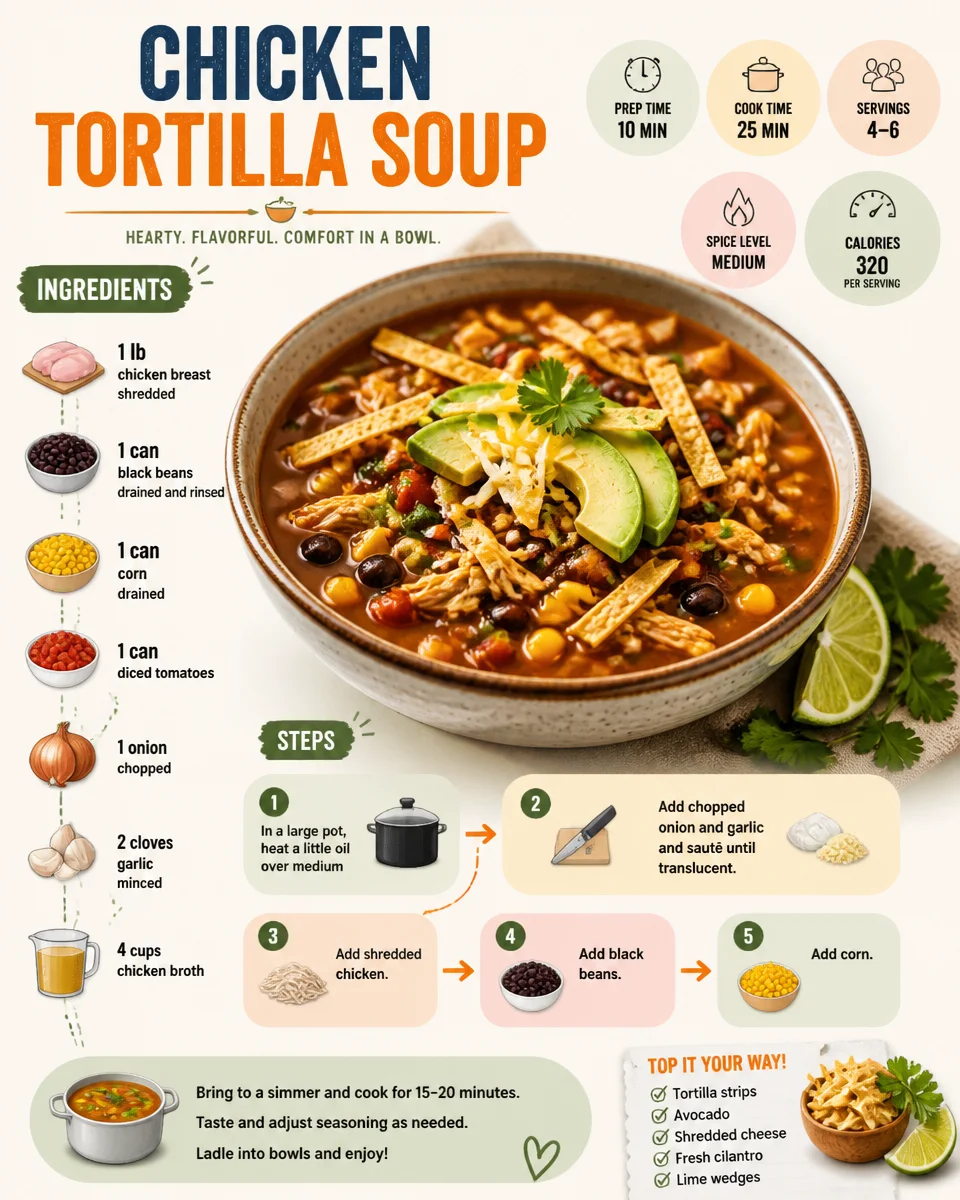 Delicious bowl of Chicken Tortilla Soup garnished with tortilla strips and avocado.