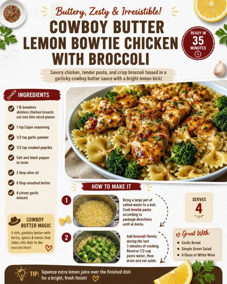 Cowboy Butter Lemon Bowtie Chicken served with broccoli on a plate