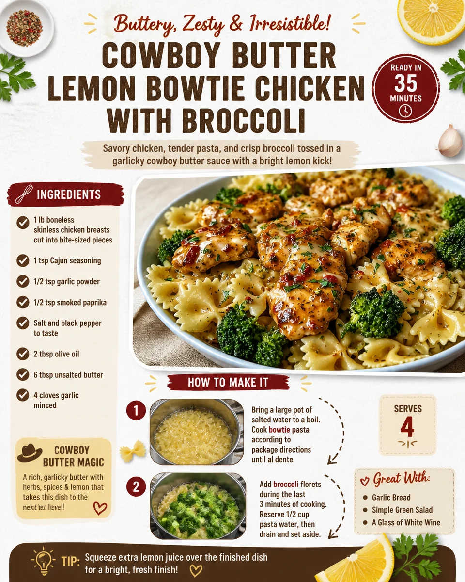Cowboy Butter Lemon Bowtie Chicken served with broccoli on a plate