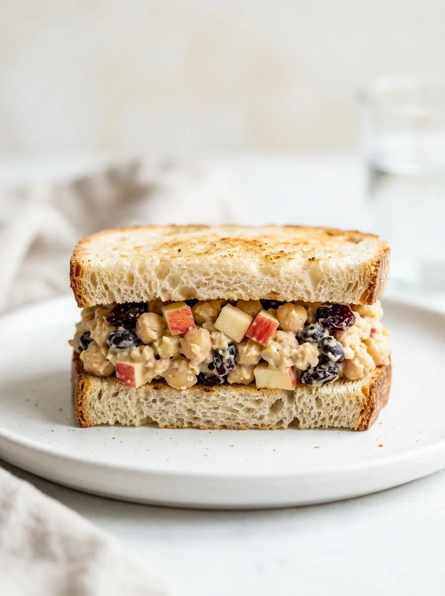 Apple Pecan Chickpea Salad Sandwich with vibrant ingredients and textures