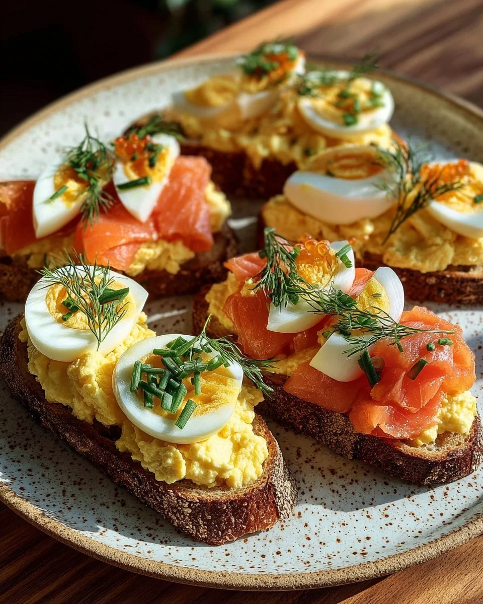 Delectable smoked salmon crostini with creamy egg-cheddar mousse on a serving platter.