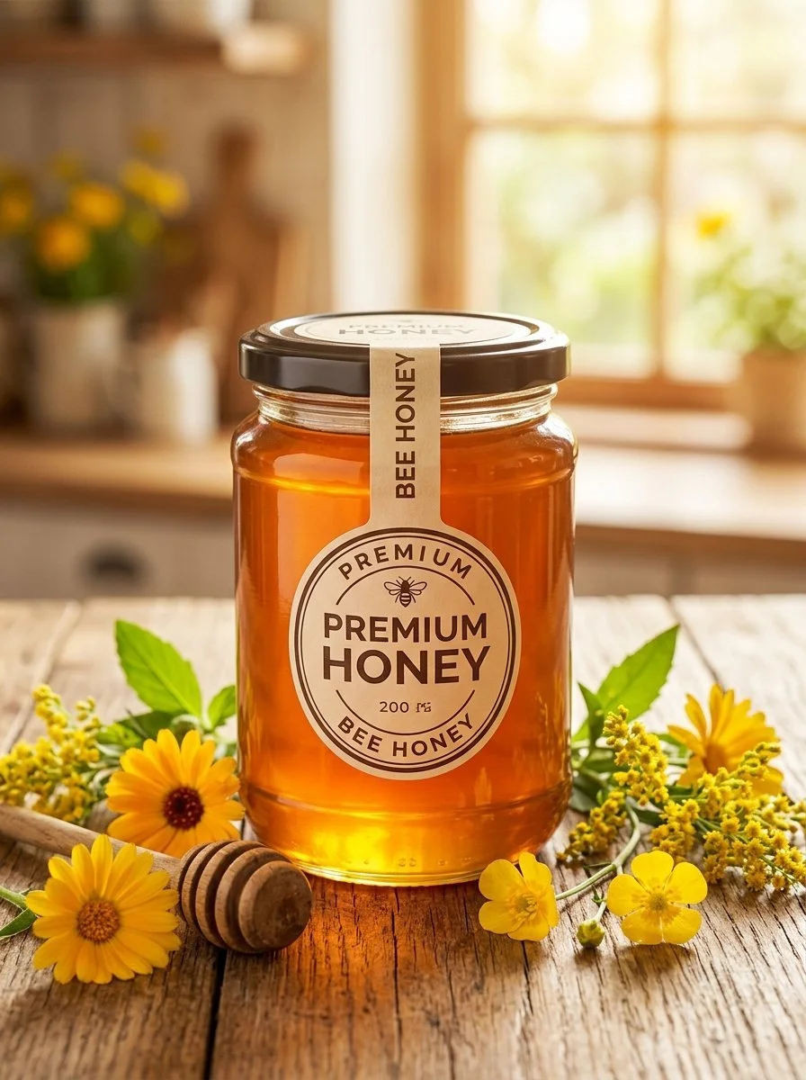 Jar of homemade dandelion jelly with flowers in the background.