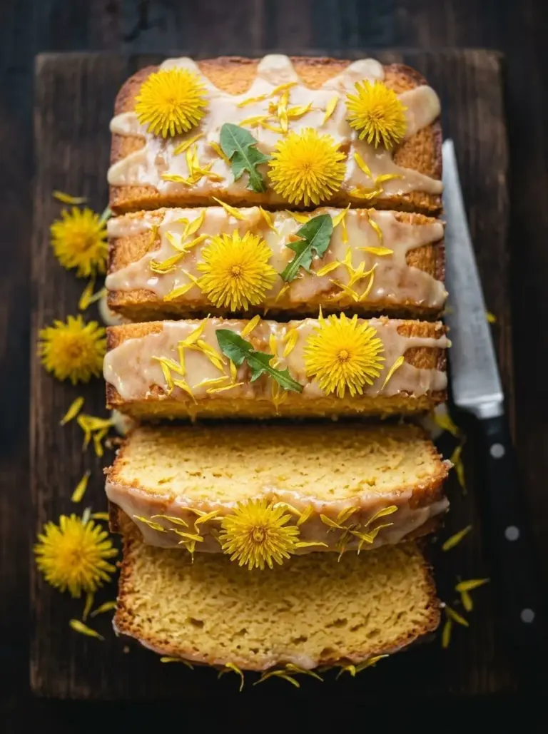 Slice of delightful dandelion bread drizzled with honey lemon glaze