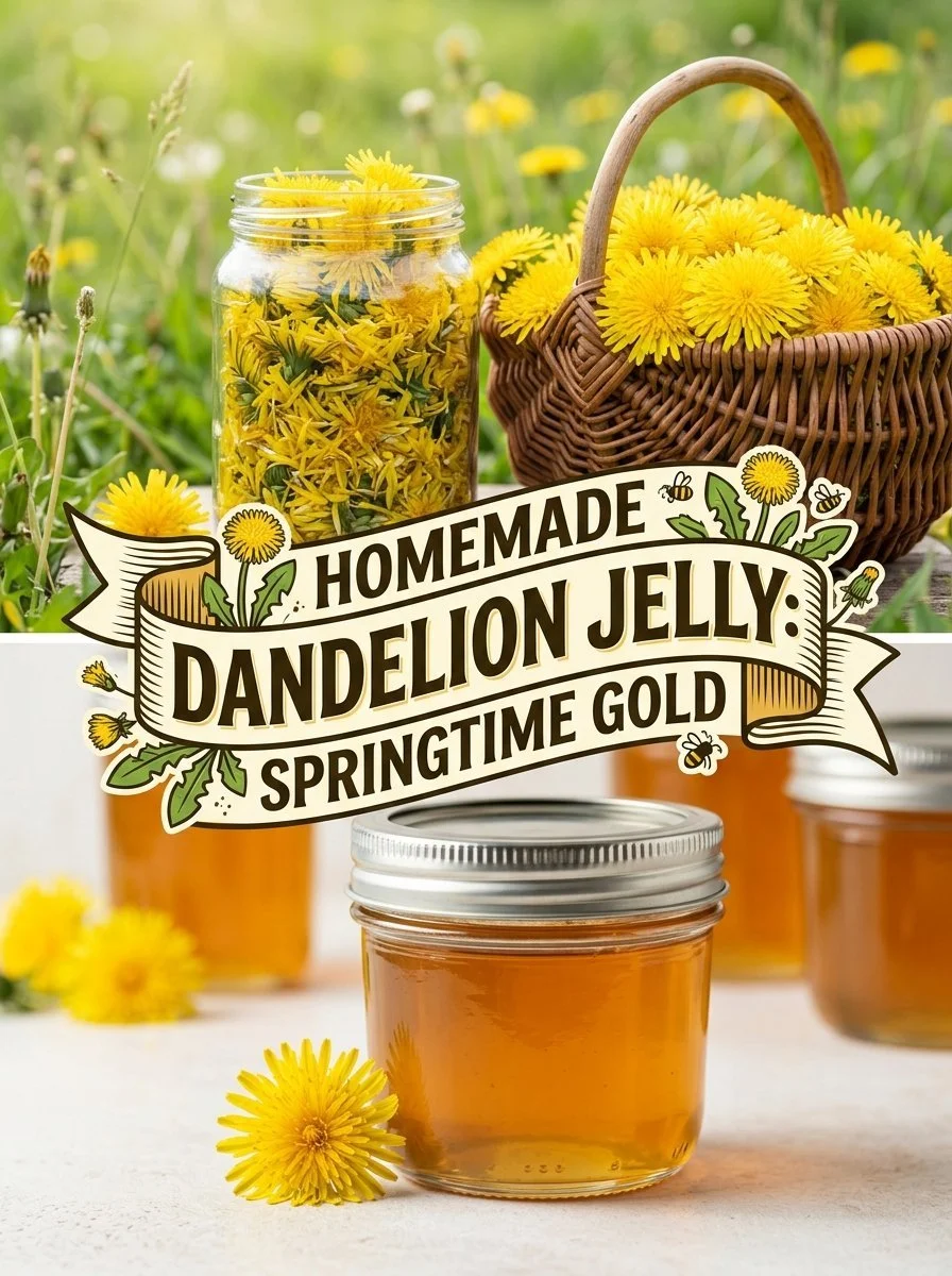 Homemade dandelion flower jelly in jar with flowers and bread slices