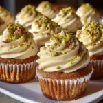 Decadent pistachio cupcakes with vanilla buttercream frosting on a decorative plate.