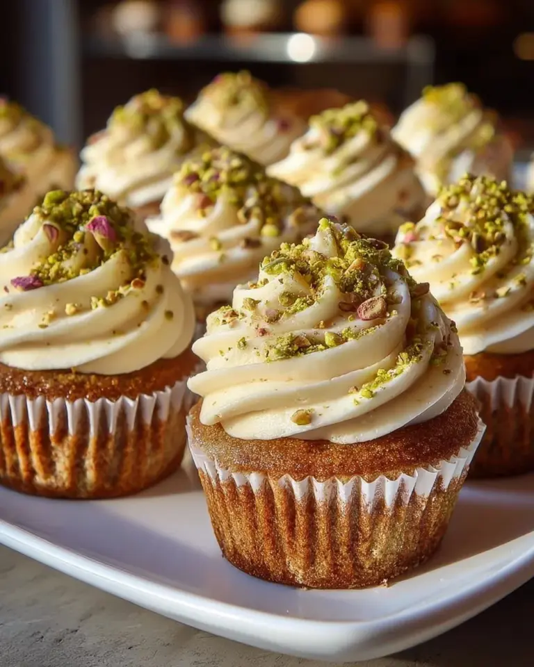 Decadent pistachio cupcakes with vanilla buttercream frosting on a decorative plate.
