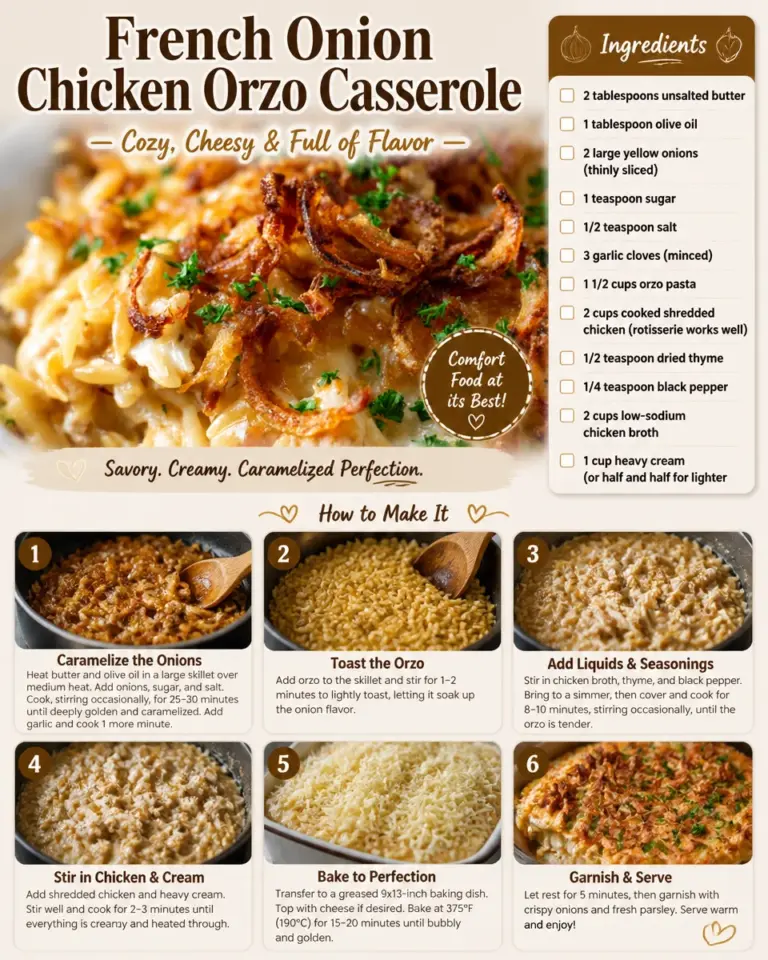 Baked French Onion Chicken Orzo Casserole topped with melted cheese